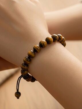 Tiger Eye Bead Bracelet 8mm Genuine Natural Stone Adjustable Unisex Luxe Jewelry